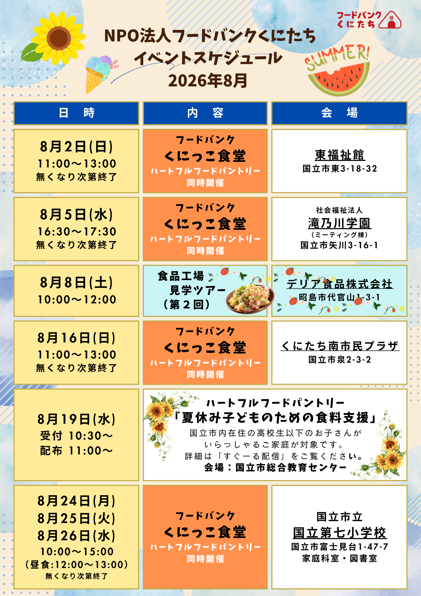 フードバンクくにたち（2026年8月）イベントスケジュールについて